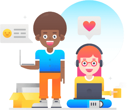 Illustration of two people using a computer